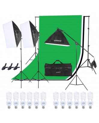 Andoer Photo Studio Lighting Kit 3pcs 50*70cm Softbox 12pcs 45W Bulb 3pcs 4in1 Bulb Socket 3pcs 2m Light Stand 1pc Cantilever Stick 1.6m*3m Black & White & Green Backdrop 1pc 2m*3m Backdrop Stand 3pcs Spring Clamp 1 Carrying Bag