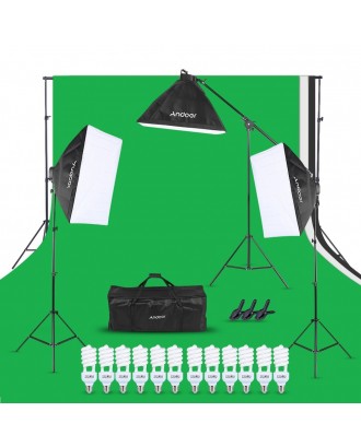 Andoer Photo Studio Lighting Kit 3pcs 50*70cm Softbox 12pcs 45W Bulb 3pcs 4in1 Bulb Socket 3pcs 2m Light Stand 1pc Cantilever Stick 1.6m*3m Black & White & Green Backdrop 1pc 2m*3m Backdrop Stand 3pcs Spring Clamp 1 Carrying Bag