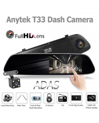 Anytek T33 5.0'' 1080P Touch Screen Dual Lens Car DVR with G-sensor ADAS System Parking Monitor