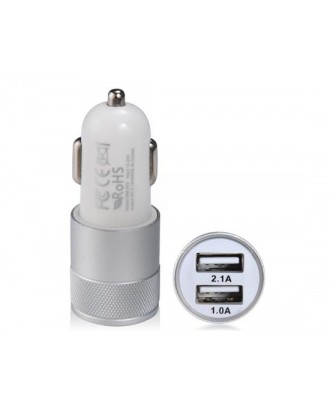 2.1A 1.0A Dual USB Port Fast Car Charger Plug And Play With Aluminium Case - Silver
