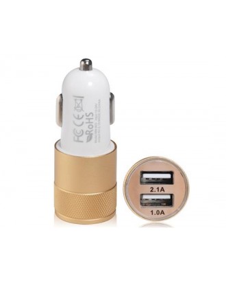 2.1A 1.0A Dual USB Port Fast Car Charger with Aluminium Case - Golden