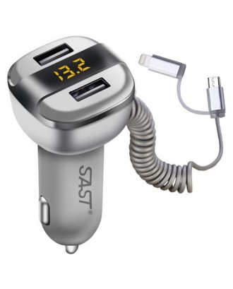 SAST T52S Dual USB Ports Car Charger 5V 3.4A Car Cigarette Lighter  Socket  Voltage-testing Extension Charging Cable Multi-protections - Gray