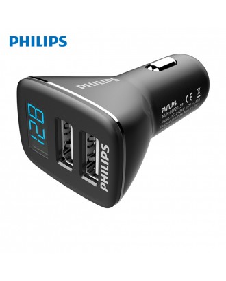 Philips DLP2015P Universal Quick Double USB Car Charger 3.1A Voltage Detection LED Digital Display - Black