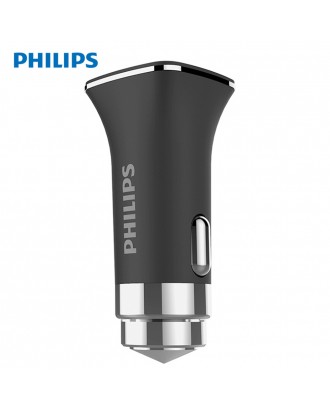 Philips DLP2018 Car Charger Safety Hammer Dual USB Ports LED Indicator Smart Fast Charging 3.1A - Black
