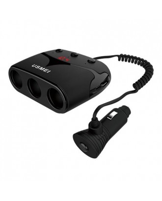 USMEI C9 3-in-1 Car Cigarette Lighter Car Charger LED Display With Dual Type-C Ports Dual USB Ports - Black
