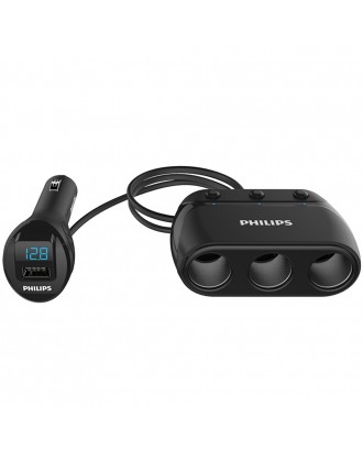 Philips DLP2019 Car Charger Multifunctional Cigarette Lighter 3 Sockets Independent Switches Single USB Port - Black
